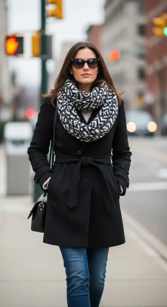 black-coat-jeans-scarf-outfit