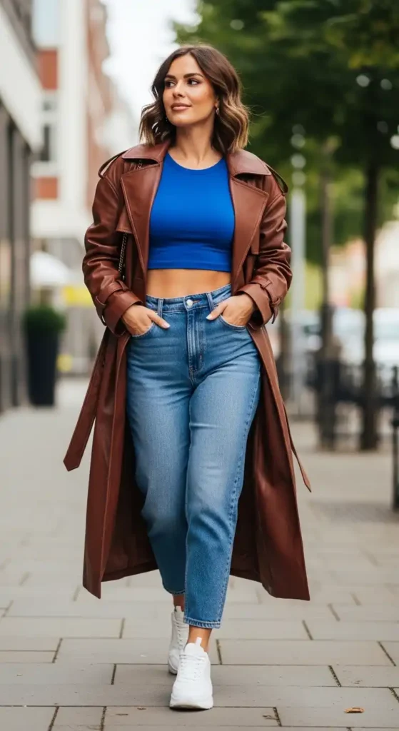 bold-blue-crop-top-with-leather-trench
