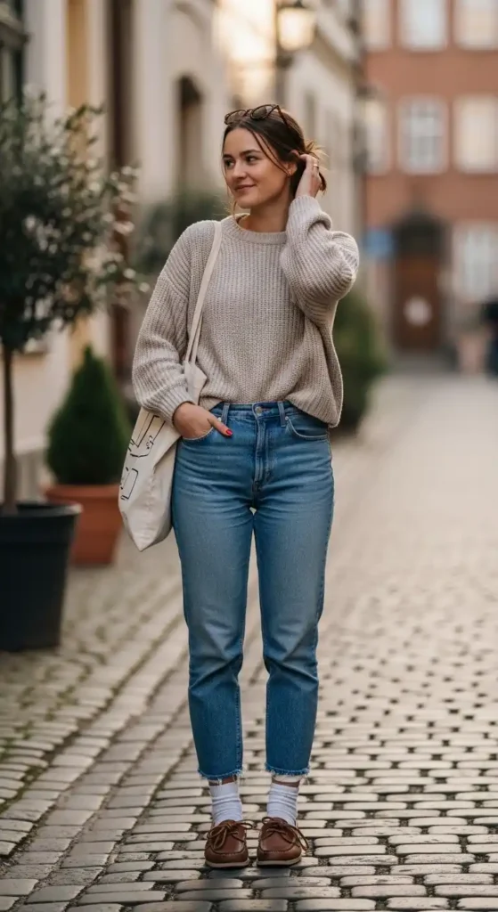 jeans-sweater-boat-shoes-socks-tote-bag