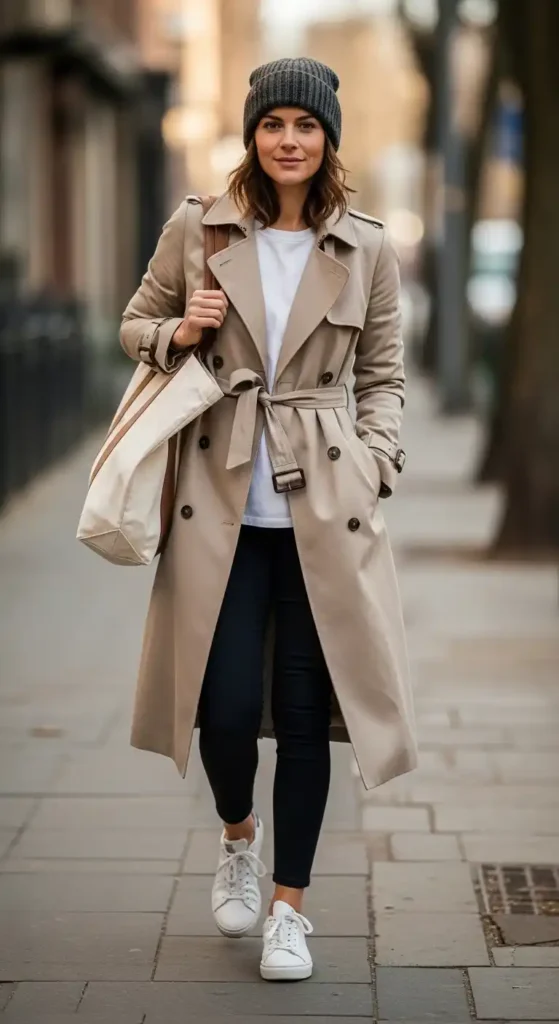 leggings-sneakers-t-shirt-belted-coat-tote-bag-beanie