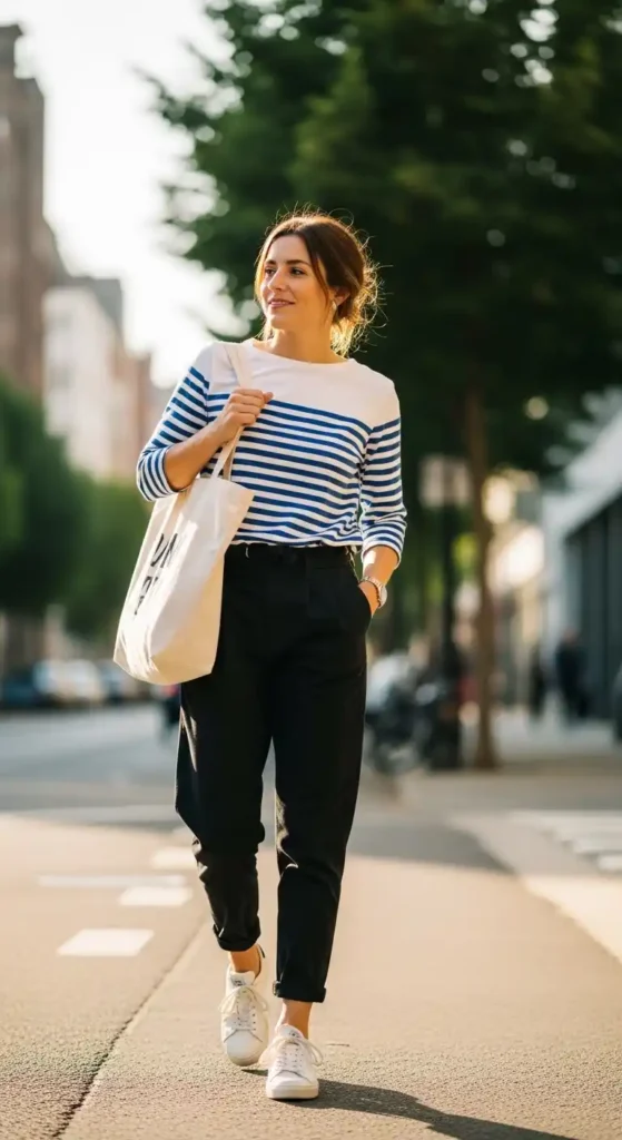 striped-shirt-black-pants-sneakers-tote-bag