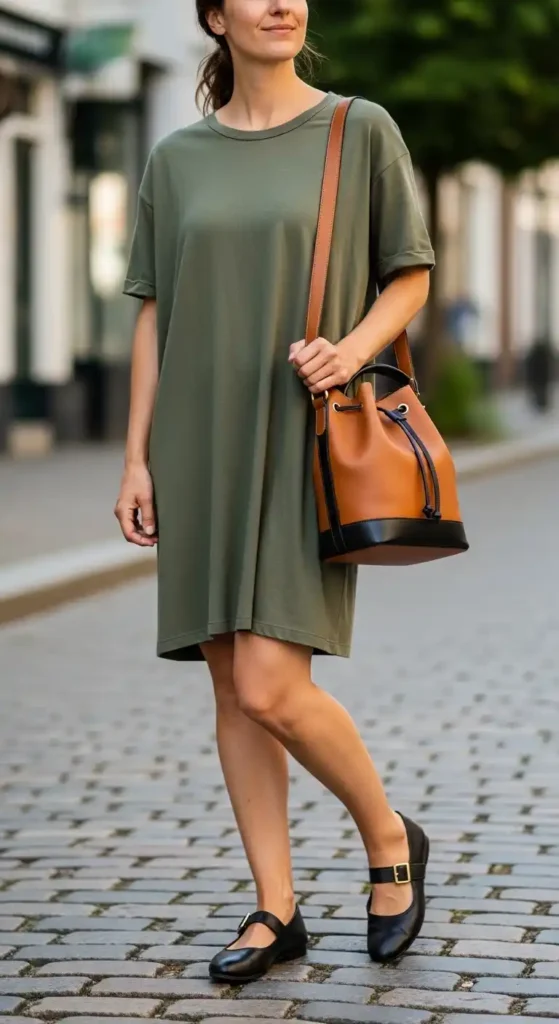 t-shirt-dress-mary-jane-flats-bucket-bag