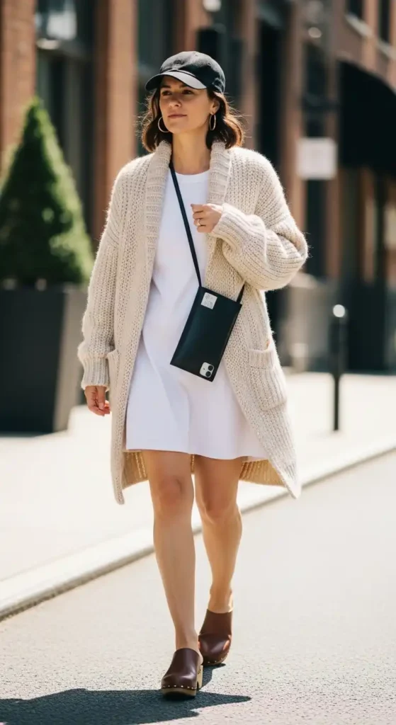 tennis-dress-cardigan-clogs-phone-crossbody-bag-baseball-cap-hoop-earrings