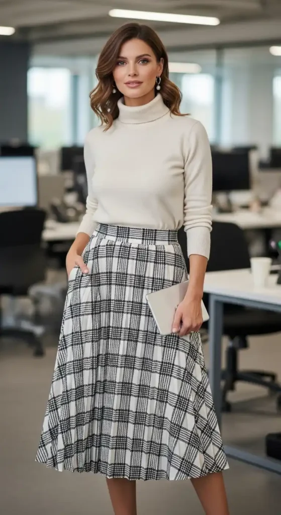 turtleneck-plaid-midi-skirt