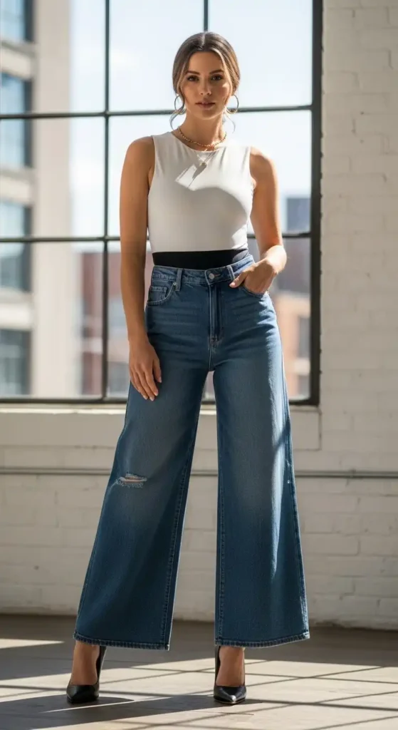 wide-leg-jeans-with-fitted-body-suit-and-heels