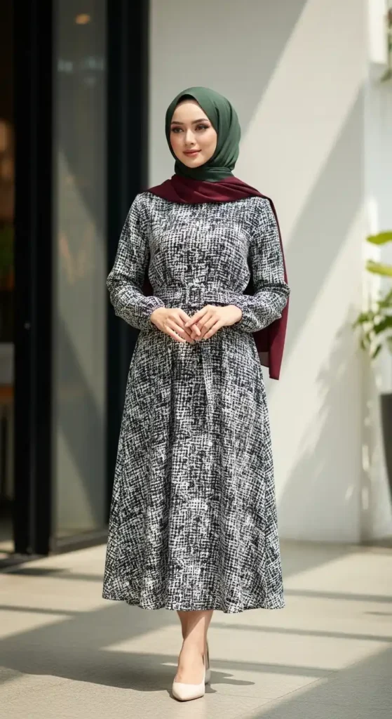 monochrome-midi-dress-with-contrasting-hijab