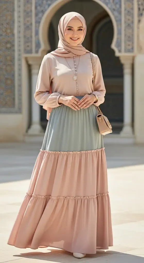tiered-maxi-skirt-with-buttoned-blouse