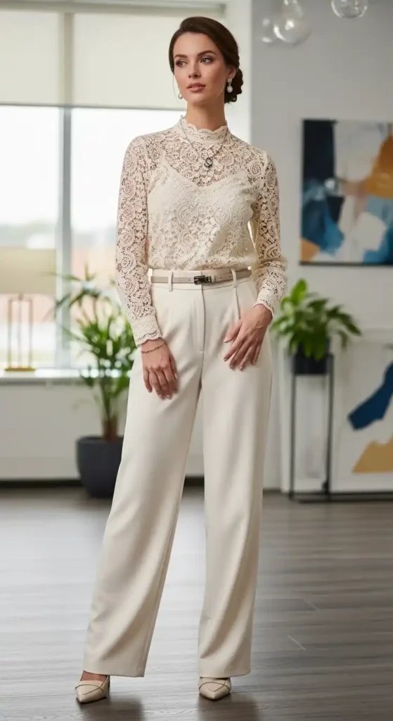 lace-blouse-with-high-waisted-cream-trousers