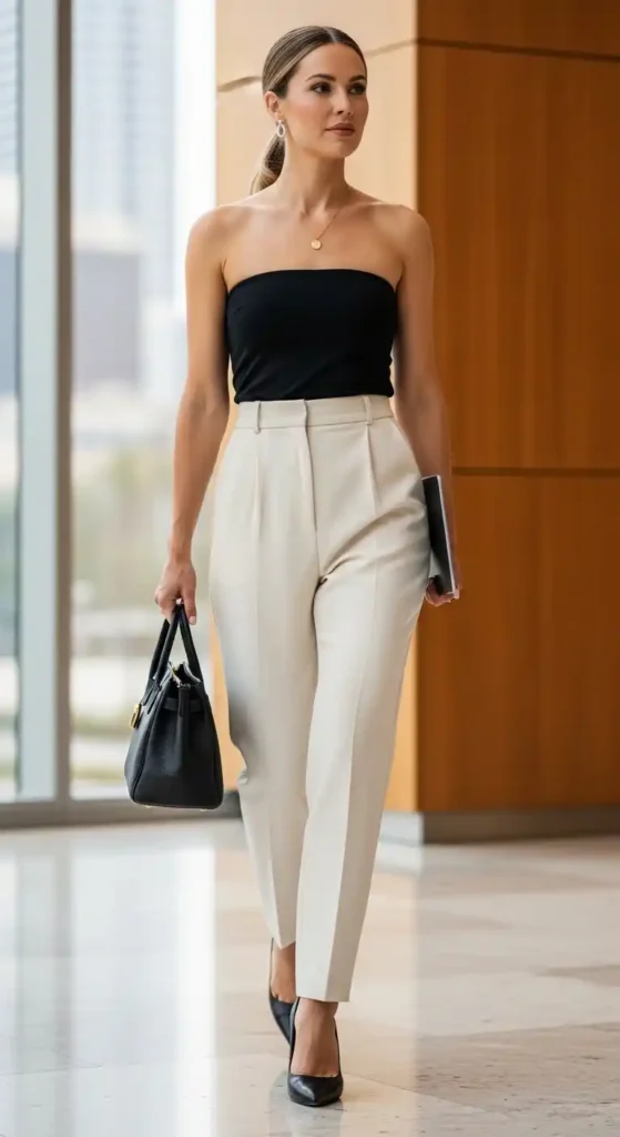 strapless-black-top-with-tailored-cream-trousers