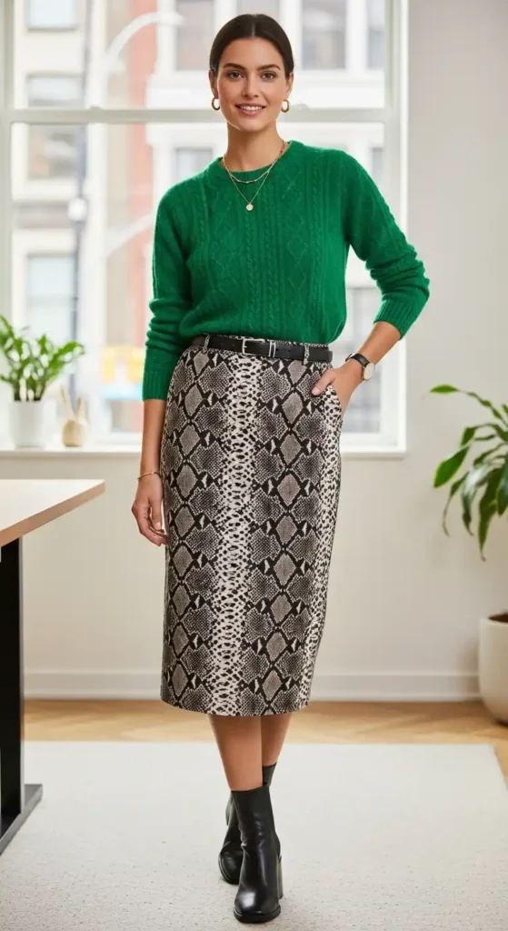 vibrant-green-knit-with-a-snakeskin-pencil-skirt-for-casual-elegance