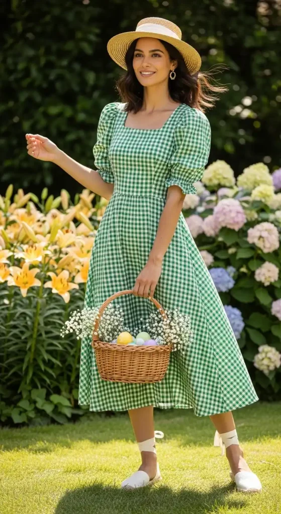 green-gingham-puff-sleeve-midi-dress
