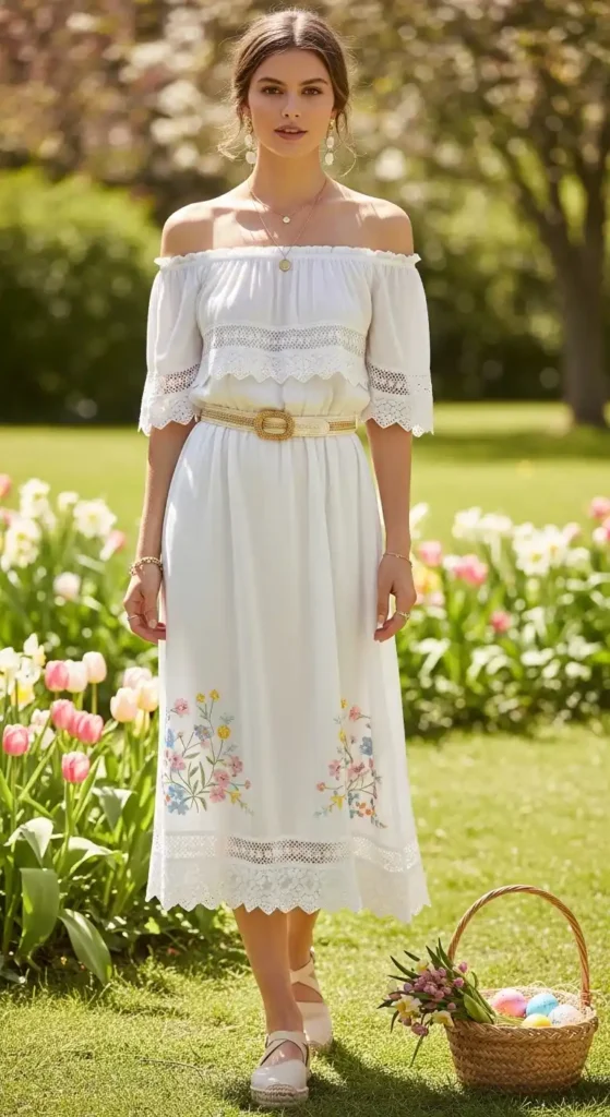 off-shoulder-white-midi-dress