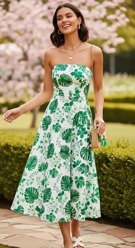 strapless-white-midi-dress-with-green-leaf-print