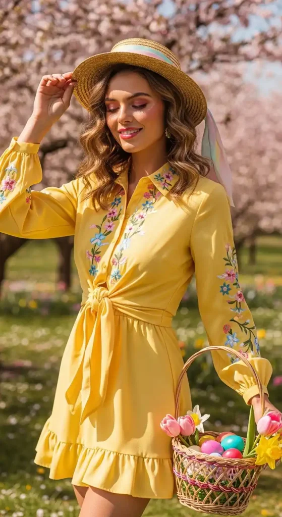 yellow-long-sleeve-knotted-mini-dress